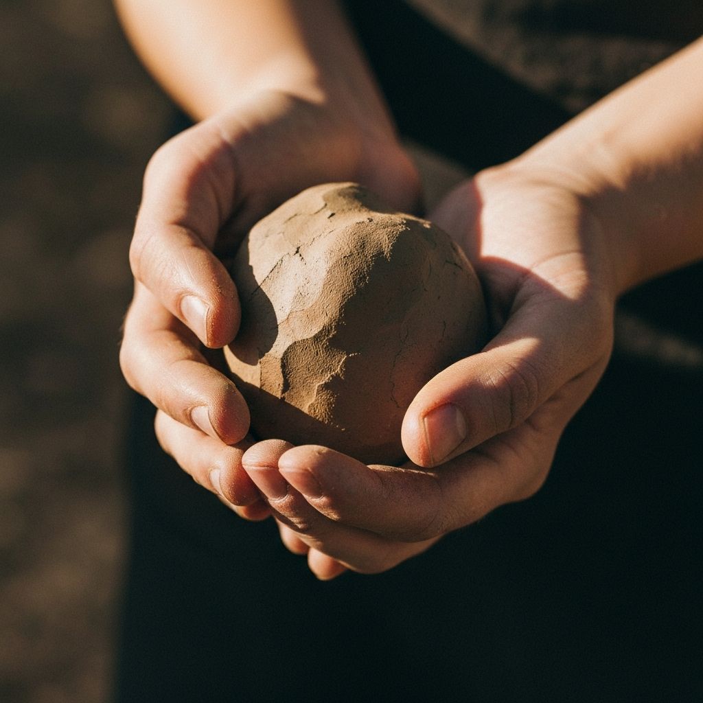 Руке держе земљу или глину, симбол природног и уземљеног приступа добробити