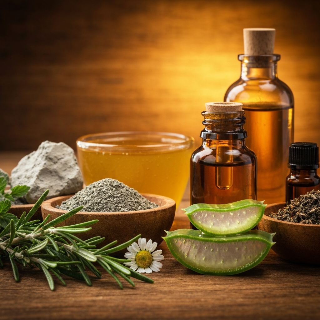 Макро фотографија природних ингредијенса за неговање кожe - глина, медено, алое вера, уља и траве